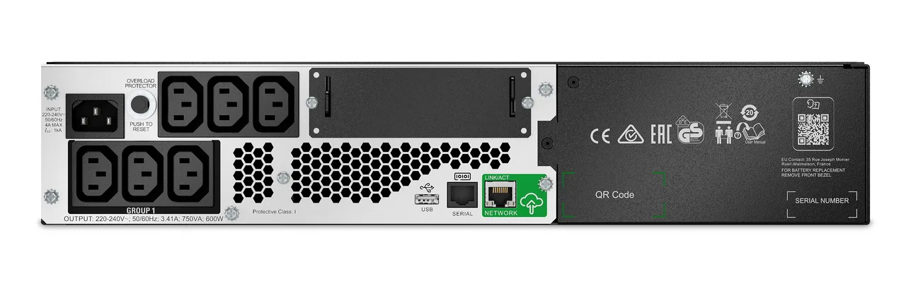 APC Smart-UPS, Line Interactive, 750VA, Lithium-ion, Rack/Tower, 2U, 230V, 6x IEC C13 outlets, SmartConnect Port+SmartSlot, Short Depth, AVR, LCD
