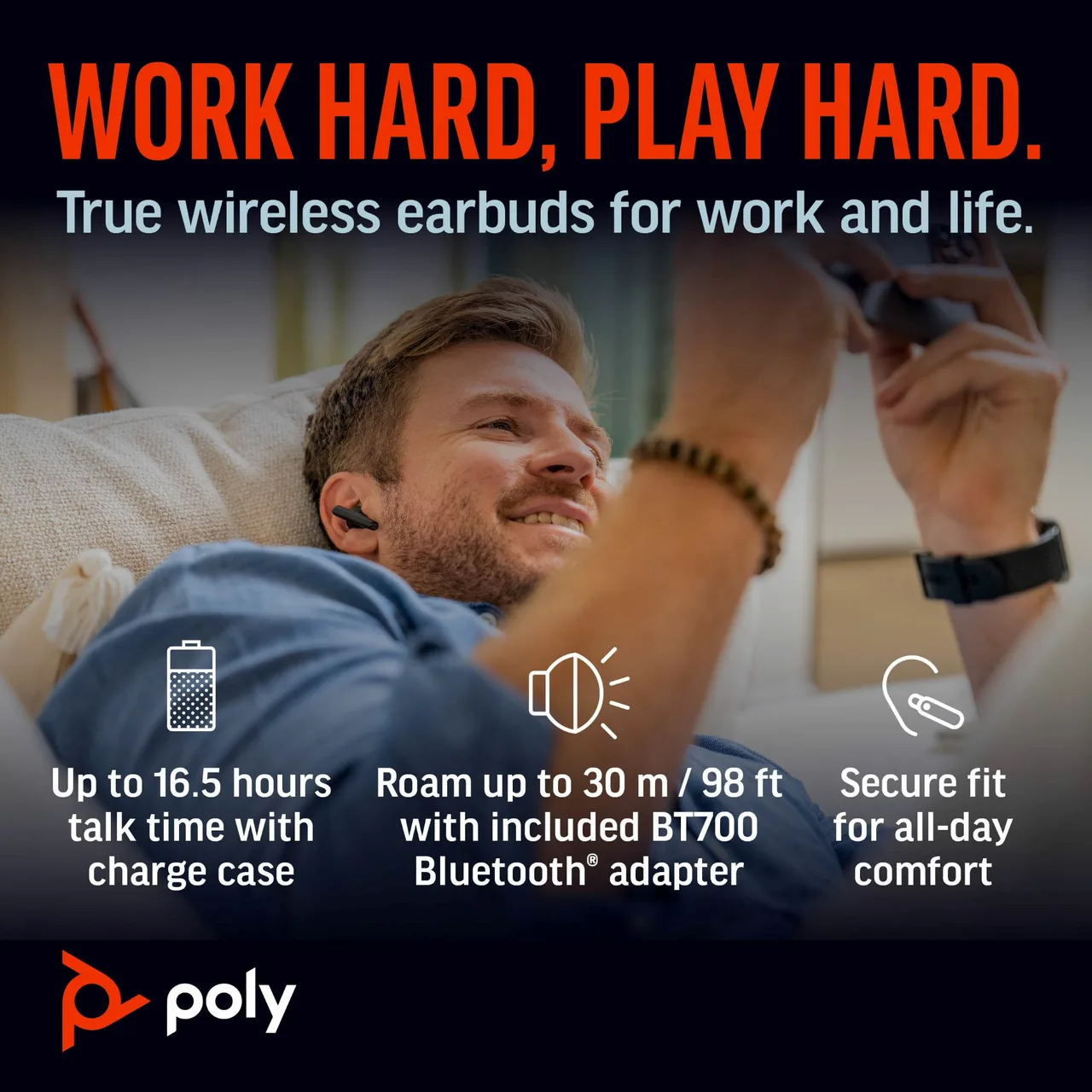 HP Poly Poly Voyager Free 60+ UC Carbon Black Earbuds +BT700 USB-C Adapter +Touchscreen Charge Case
