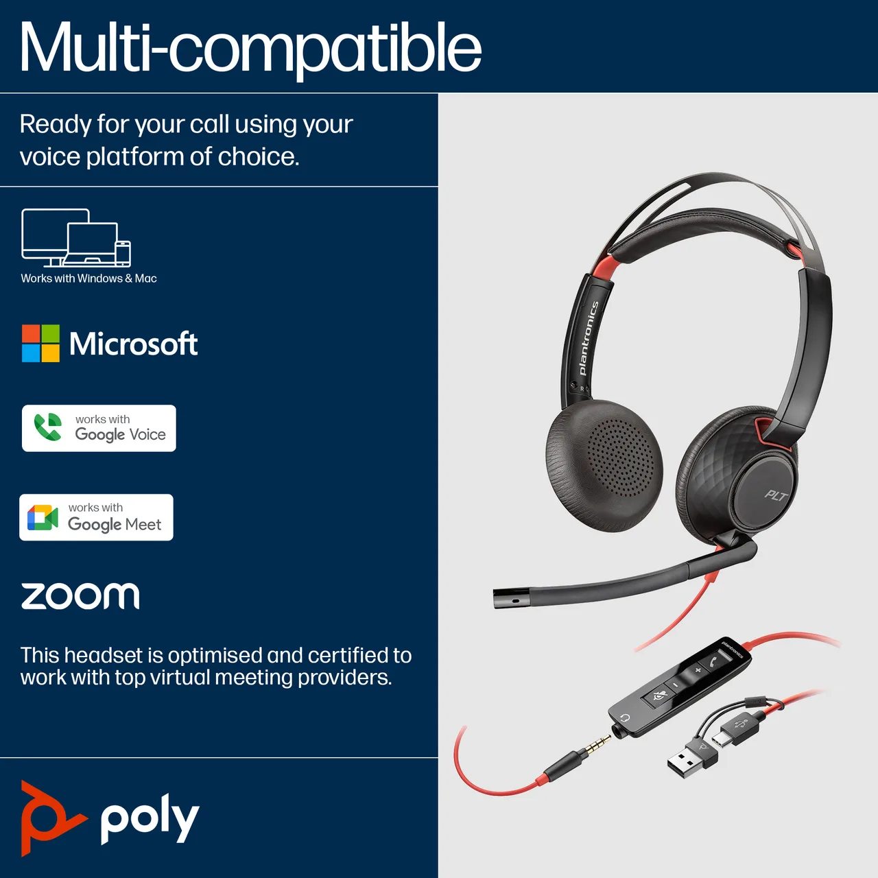 HP Poly Blackwire 5220 Stereo USB-C Headset +3.5mm Plug +USB-C/A Adapter